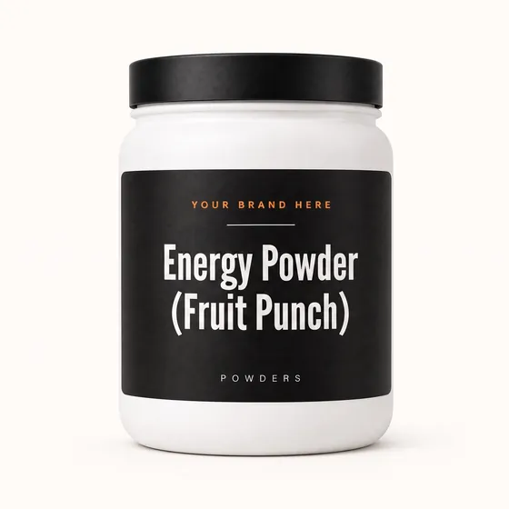 Blank-label mockup of Energy Powder (Fruit Punch) on a wide-mouth jar, with the brand name left blank for yours