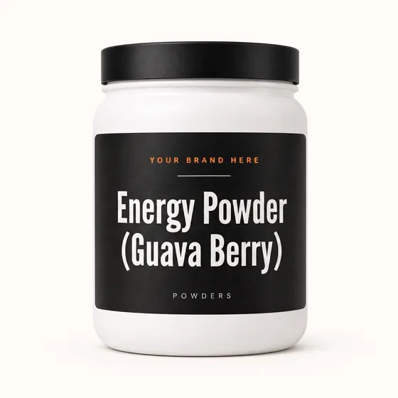 Blank-label mockup of Energy Powder (Guava Berry) on a wide-mouth jar, with the brand name left blank for yours