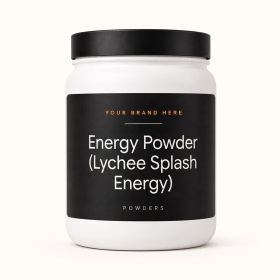 Blank-label mockup of Energy Powder (Lychee Splash Energy) on a wide-mouth jar, with the brand name left blank for yours