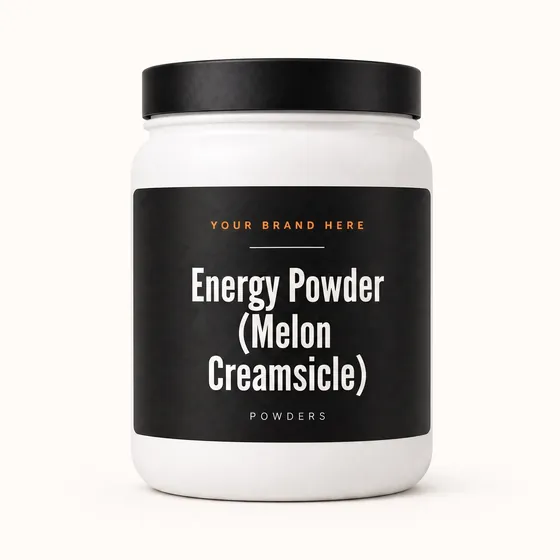 Blank-label mockup of Energy Powder (Melon Creamsicle) on a wide-mouth jar, with the brand name left blank for yours