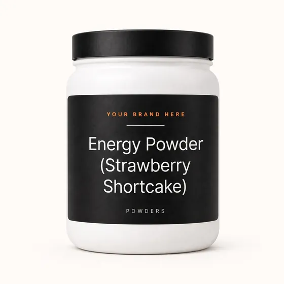 Blank-label mockup of Energy Powder (Strawberry Shortcake) on a wide-mouth jar, with the brand name left blank for yours