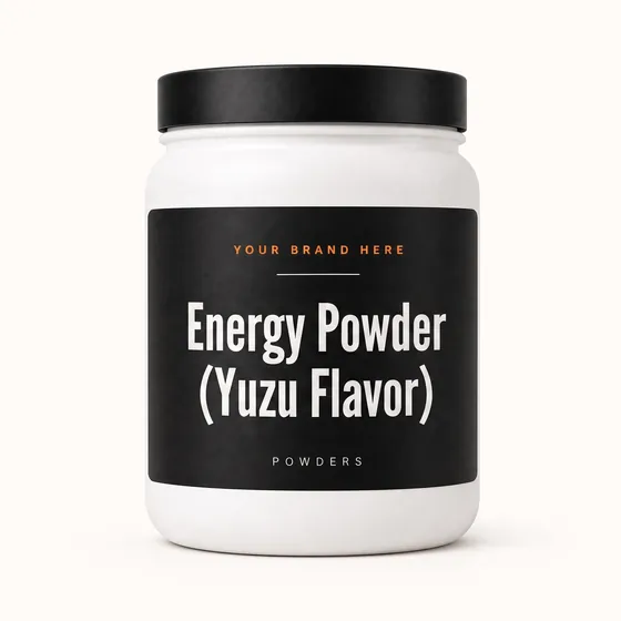 Blank-label mockup of Energy Powder (Yuzu Flavor) on a wide-mouth jar, with the brand name left blank for yours