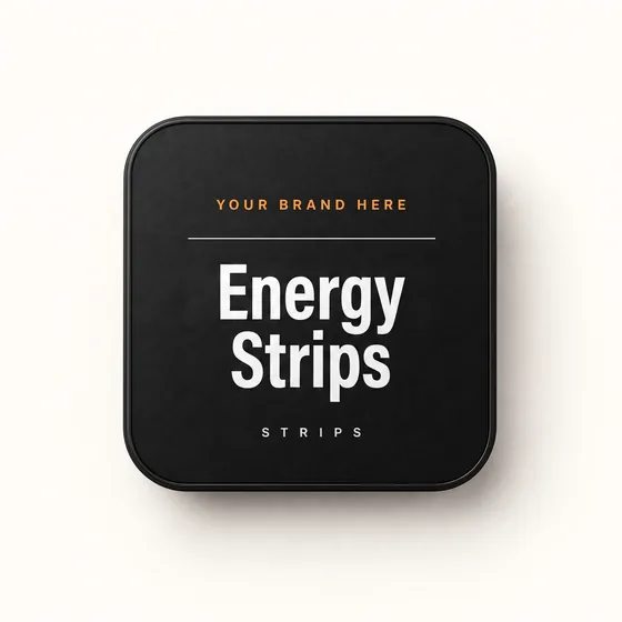 Blank-label mockup of Energy Strips on a flat metal tin, with the brand name left blank for yours