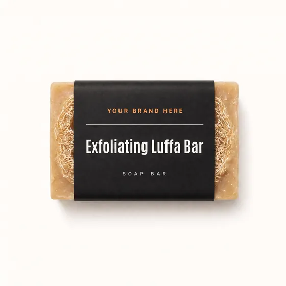 Blank-label mockup of Exfoliating Luffa Bar on a wrapped soap bar, with the brand name left blank for yours