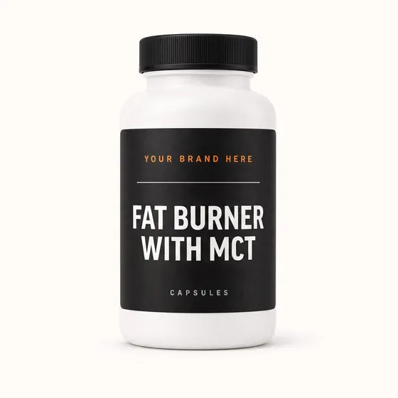 Blank-label mockup of Fat Burner with MCT on a screw-top bottle, with the brand name left blank for yours