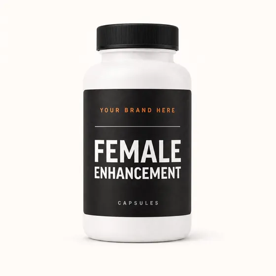 Blank-label mockup of Female Enhancement on a screw-top bottle, with the brand name left blank for yours