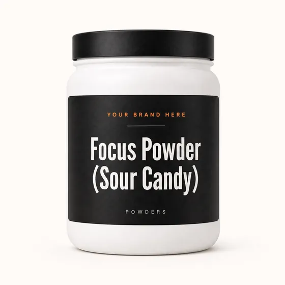 Blank-label mockup of Focus Powder (Sour Candy) on a wide-mouth jar, with the brand name left blank for yours
