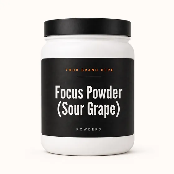 Blank-label mockup of Focus Powder (Sour Grape) on a wide-mouth jar, with the brand name left blank for yours