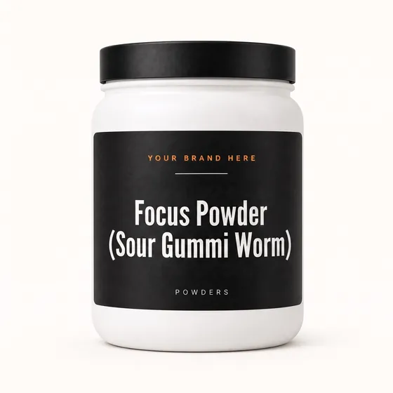 Blank-label mockup of Focus Powder (Sour Gummi Worm) on a wide-mouth jar, with the brand name left blank for yours