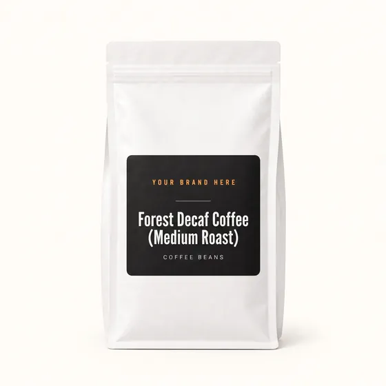 Blank-label mockup of Forest Decaf Coffee (Medium Roast) on a resealable bag, with the brand name left blank for yours