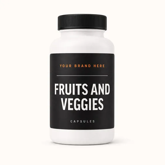 Blank-label mockup of Fruits and Veggies on a screw-top bottle, with the brand name left blank for yours