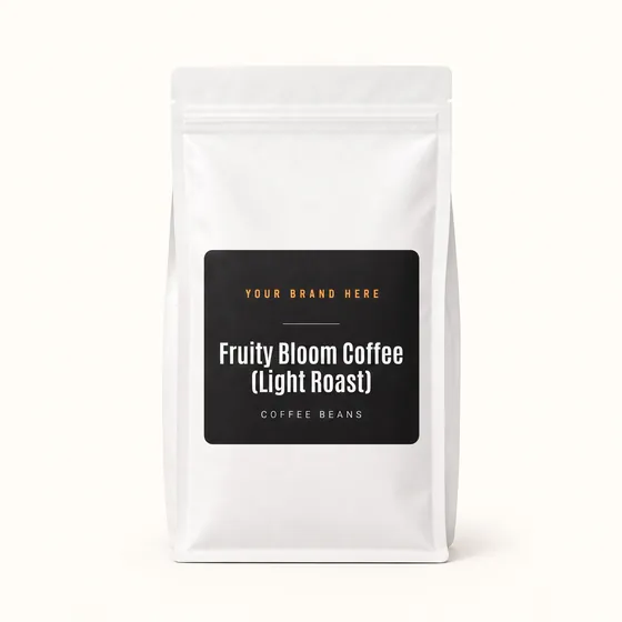 Blank-label mockup of Fruity Bloom Coffee (Light Roast) on a resealable bag, with the brand name left blank for yours