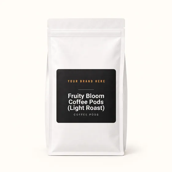 Blank-label mockup of Fruity Bloom Coffee Pods (Light Roast) on a resealable bag, with the brand name left blank for yours