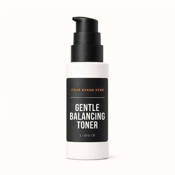 Blank-label mockup of Gentle Balancing Toner on a pump bottle, with the brand name left blank for yours