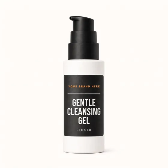 Blank-label mockup of Gentle Cleansing Gel on a pump bottle, with the brand name left blank for yours