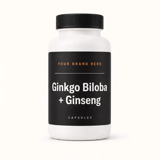 Blank-label mockup of Ginkgo Biloba + Ginseng on a screw-top bottle, with the brand name left blank for yours