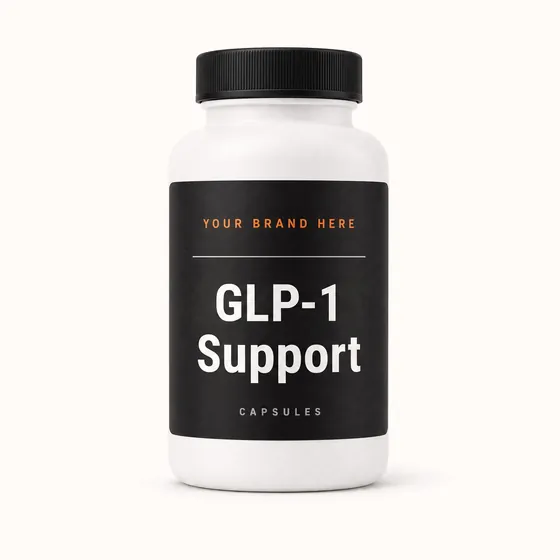Blank-label mockup of GLP-1 Support on a screw-top bottle, with the brand name left blank for yours