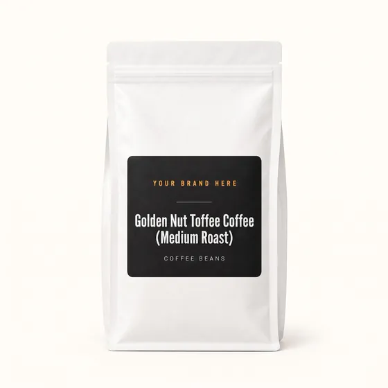 Blank-label mockup of Golden Nut Toffee Coffee (Medium Roast) on a resealable bag, with the brand name left blank for yours