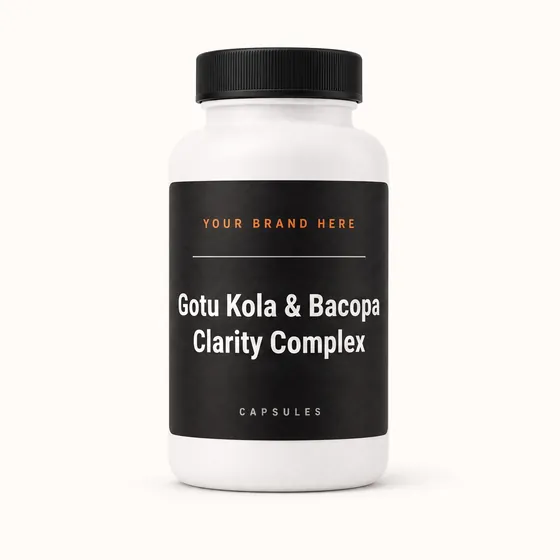 Blank-label mockup of Gotu Kola & Bacopa Clarity Complex on a screw-top bottle, with the brand name left blank for yours