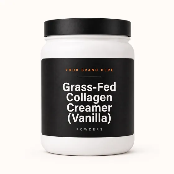 Blank-label mockup of Grass-Fed Collagen Creamer (Vanilla) on a wide-mouth jar, with the brand name left blank for yours
