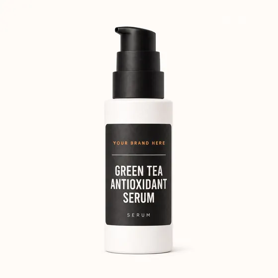 Blank-label mockup of Green Tea Antioxidant Serum on a pump bottle, with the brand name left blank for yours