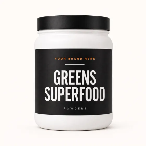 Blank-label mockup of Greens Superfood on a wide-mouth jar, with the brand name left blank for yours
