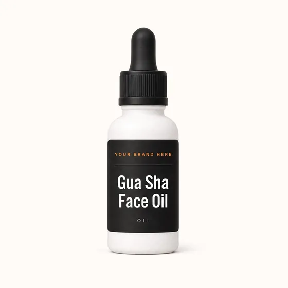 Blank-label mockup of Gua Sha Face Oil on a dropper bottle, with the brand name left blank for yours