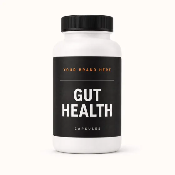 Blank-label mockup of Gut Health on a screw-top bottle, with the brand name left blank for yours