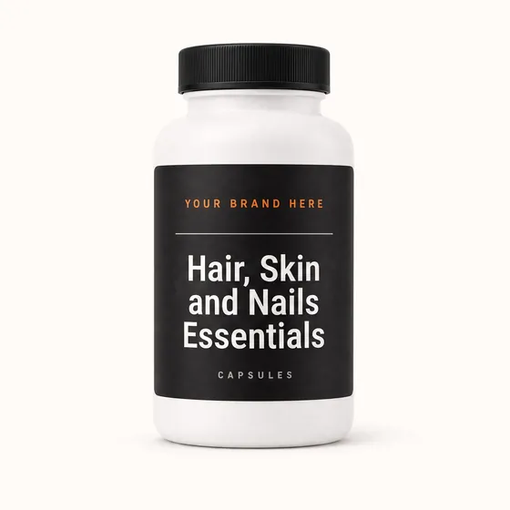 Blank-label mockup of Hair, Skin and Nails Essentials on a screw-top bottle, with the brand name left blank for yours