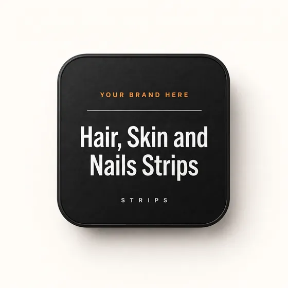 Blank-label mockup of Hair, Skin and Nails Strips on a flat metal tin, with the brand name left blank for yours