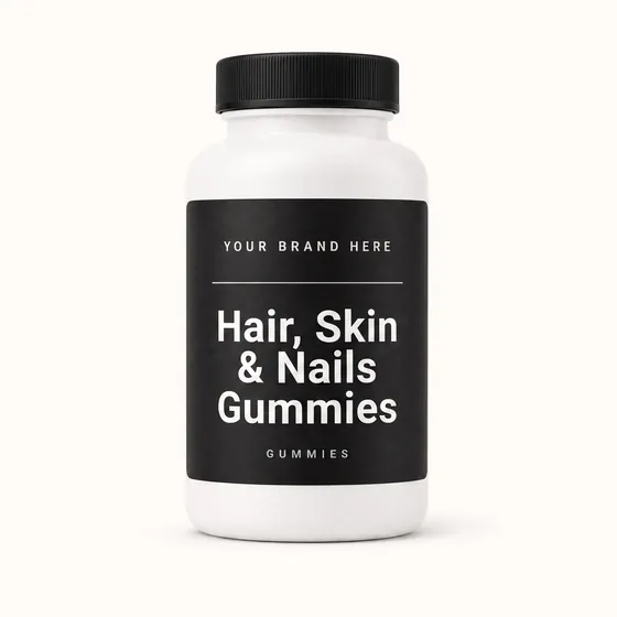 Blank-label mockup of Hair, Skin & Nails Gummies on a screw-top bottle, with the brand name left blank for yours