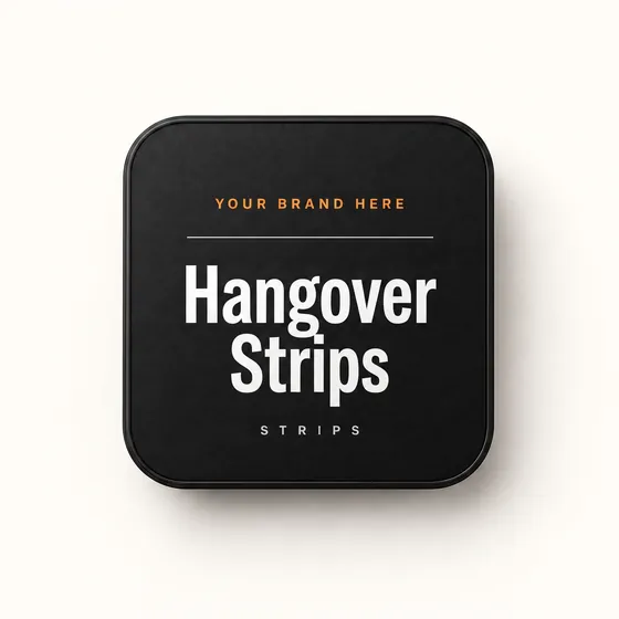 Blank-label mockup of Hangover Strips on a flat metal tin, with the brand name left blank for yours