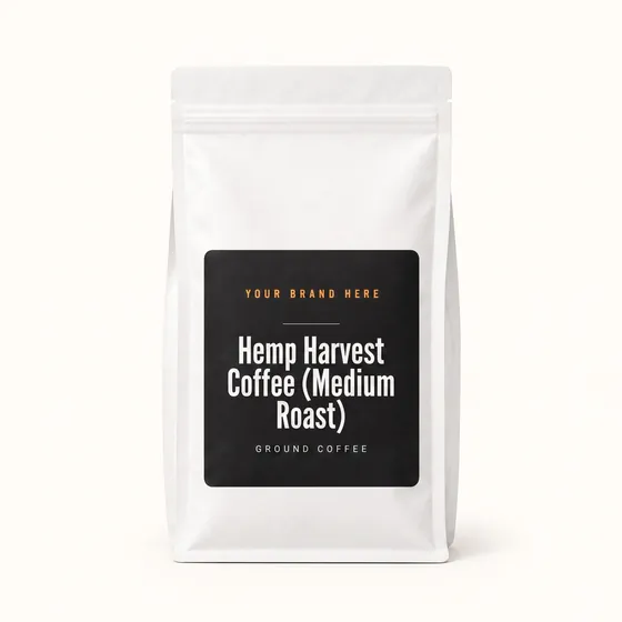 Blank-label mockup of Hemp Harvest Coffee (Medium Roast) on a resealable bag, with the brand name left blank for yours