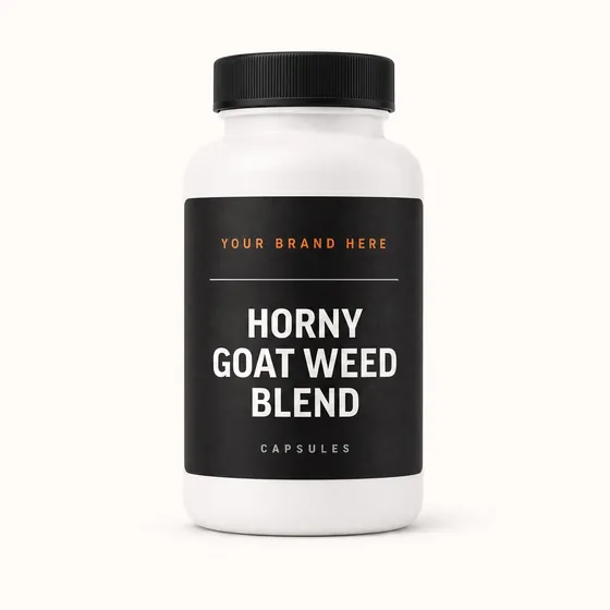 Blank-label mockup of Horny Goat Weed Blend on a screw-top bottle, with the brand name left blank for yours