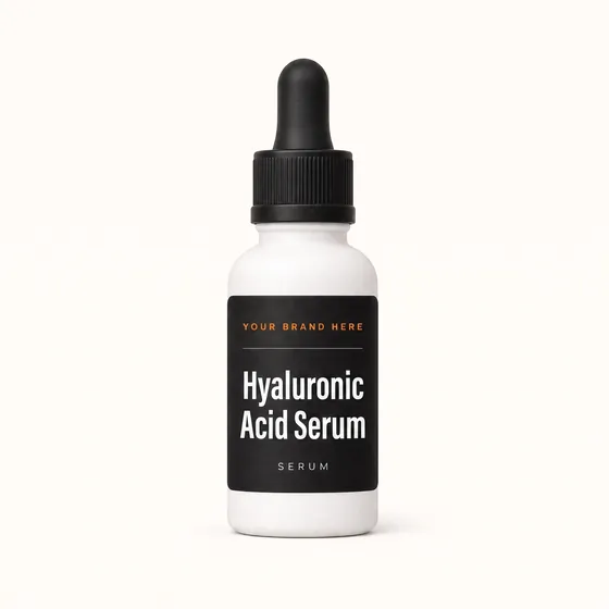 Blank-label mockup of Hyaluronic Acid Serum on a dropper bottle, with the brand name left blank for yours