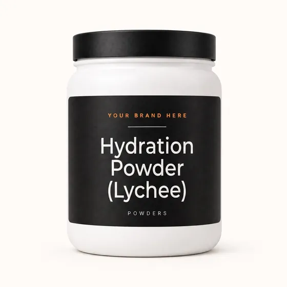 Blank-label mockup of Hydration Powder (Lychee) on a wide-mouth jar, with the brand name left blank for yours