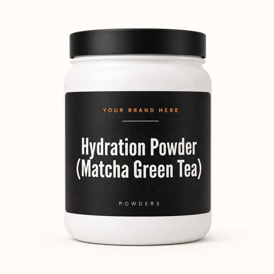 Blank-label mockup of Hydration Powder (Matcha Green Tea) on a wide-mouth jar, with the brand name left blank for yours