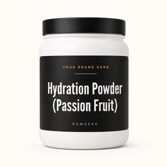 Blank-label mockup of Hydration Powder (Passion Fruit) on a wide-mouth jar, with the brand name left blank for yours