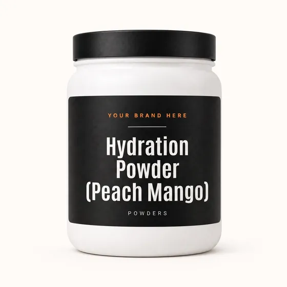 Blank-label mockup of Hydration Powder (Peach Mango) on a wide-mouth jar, with the brand name left blank for yours