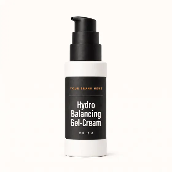 Blank-label mockup of Hydro Balancing Gel-Cream on a pump bottle, with the brand name left blank for yours