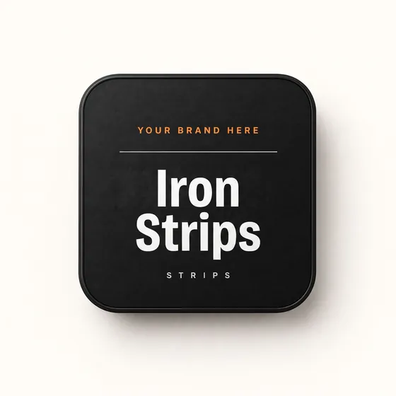 Blank-label mockup of Iron Strips on a flat metal tin, with the brand name left blank for yours