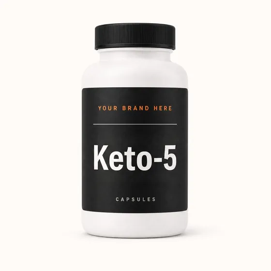 Blank-label mockup of Keto-5 on a screw-top bottle, with the brand name left blank for yours