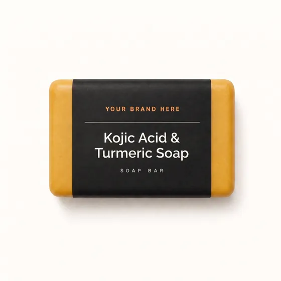 Blank-label mockup of Kojic Acid & Turmeric Soap on a wrapped soap bar, with the brand name left blank for yours