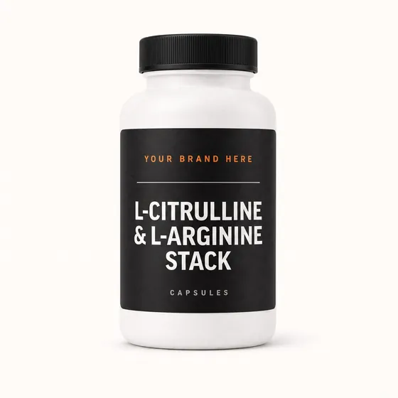 Blank-label mockup of L-Citrulline & L-Arginine Stack on a screw-top bottle, with the brand name left blank for yours