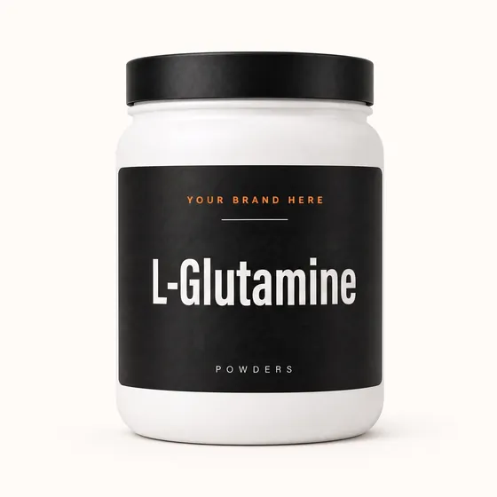 Blank-label mockup of L-Glutamine on a wide-mouth jar, with the brand name left blank for yours