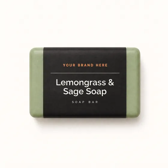 Blank-label mockup of Lemongrass & Sage Soap on a wrapped soap bar, with the brand name left blank for yours
