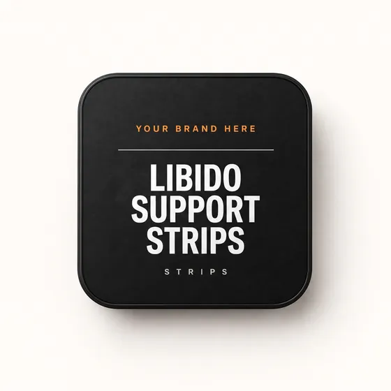Blank-label mockup of Libido Support Strips on a flat metal tin, with the brand name left blank for yours