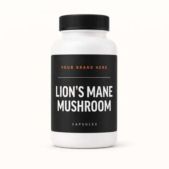 Blank-label mockup of Lion's Mane Mushroom on a screw-top bottle, with the brand name left blank for yours