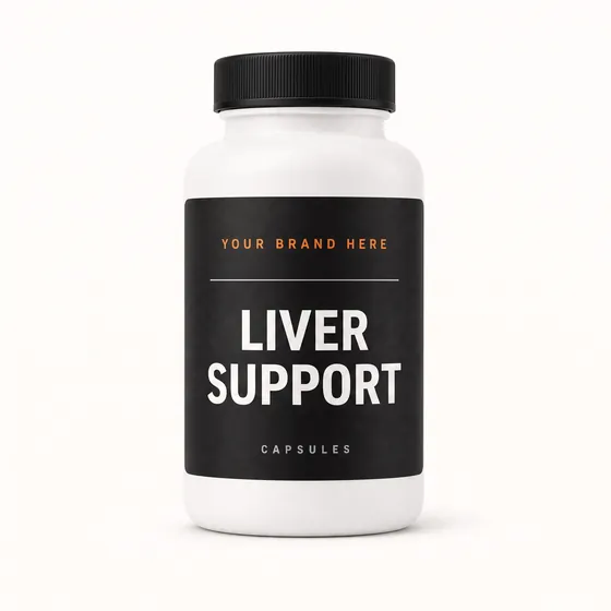 Blank-label mockup of Liver Support on a screw-top bottle, with the brand name left blank for yours