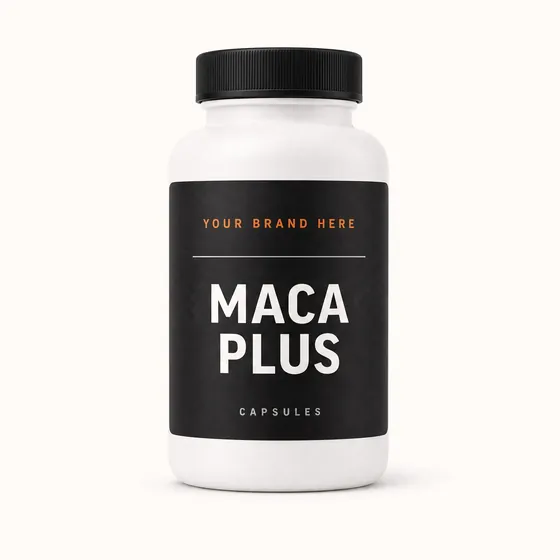 Blank-label mockup of Maca Plus on a screw-top bottle, with the brand name left blank for yours